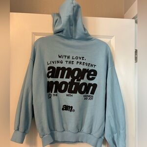 Women Blue Pacific Republic hoodie with black writing. Size M #amoremotion